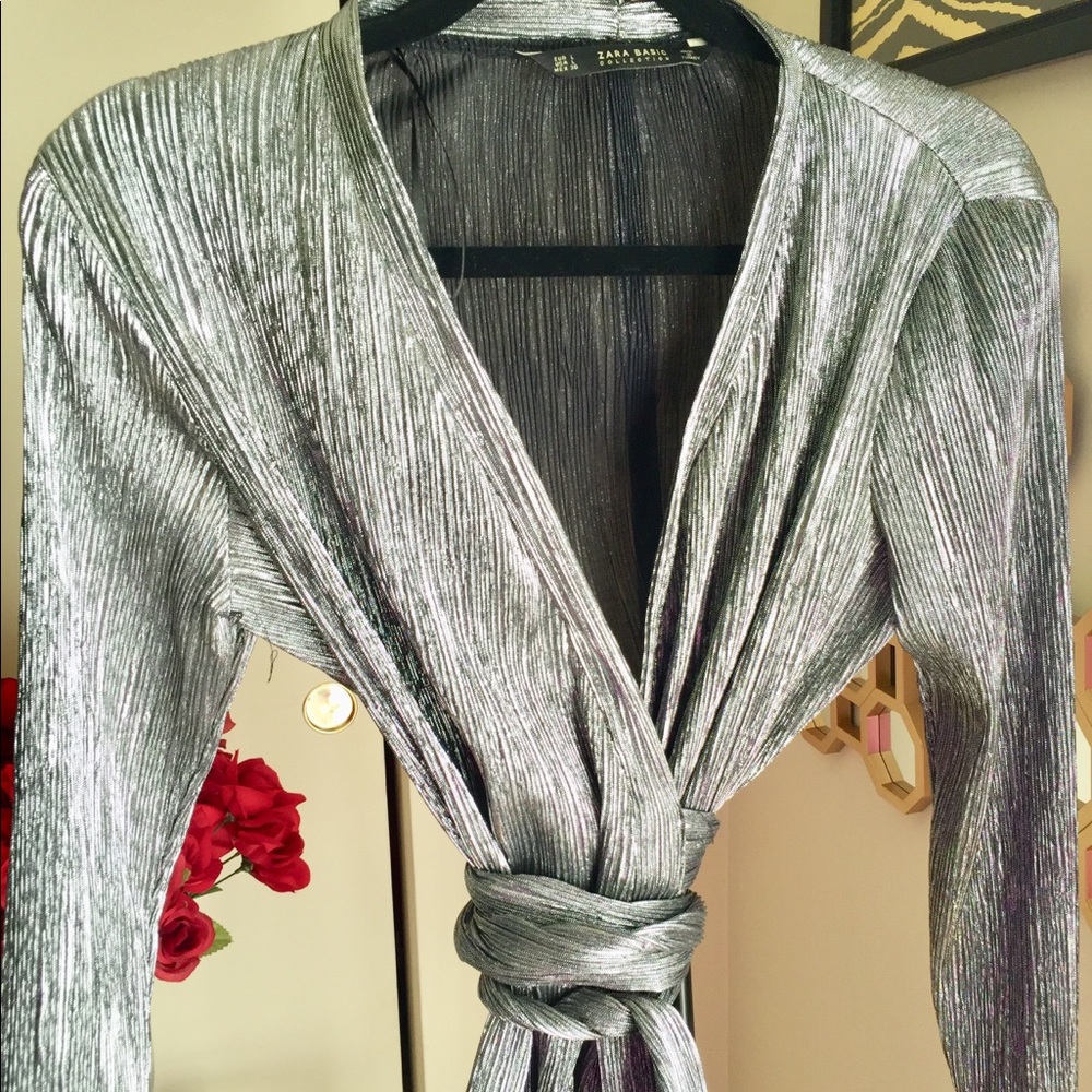 Long sleeve silver Metallic Zara wrap top